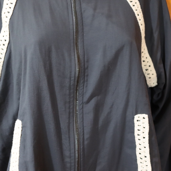 Free People Navy Blue Crochet Trim Zip Front Cropped Bomber Jacket Medium - Picture 7 of 16